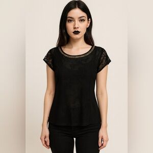 B. Envied Women’s Black Sheer Lace Top Size M Gold Chain Crew Neck Goth Grunge